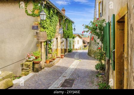 In der Straße des mittelalterlichen Dorfes Ternand in Frankreich an einem sonnigen Tag Stockfoto