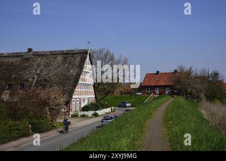 Europa, Deutschland, Niedersachsen, altes Land bei Hamburg, Steinkirchen an der Luehe, altes Fachwerkbauernhaus hinter dem Lueher Deich, künstlerischer Ziegelstein Stockfoto