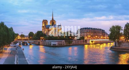 Paris Frankreich, Panorama-Skyline-Nacht in der Kathedrale Notre Dame de Paris und an der seine Stockfoto
