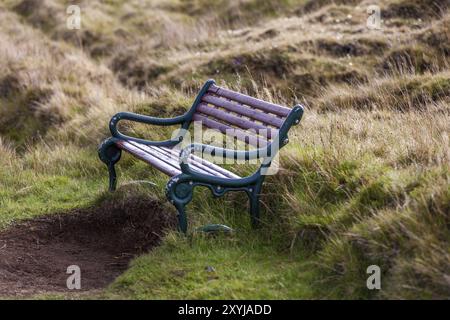 Holzbank steht auf der Heide auf Island Stockfoto