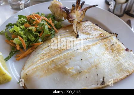 Gegrillter Tintenfisch mit Beilagen, Griechenland, Europa Stockfoto