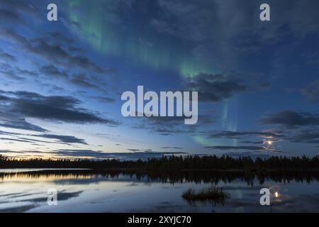 Nordlichter (Aurora borealis) über einem Waldsee, Norrbotten, Lappland, Schweden, August 2013, Europa Stockfoto