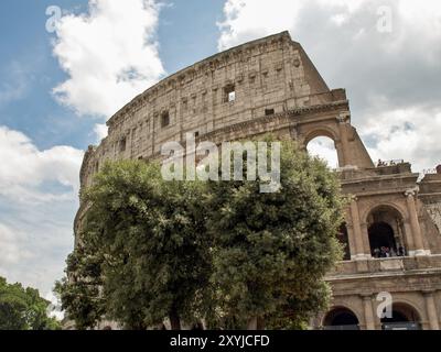 Teilansicht des Kolosseums mit Bäumen im Vordergrund und des monumentalen Gebäudes unter teilweise bewölktem Himmel, Rom, Italien, Europa Stockfoto