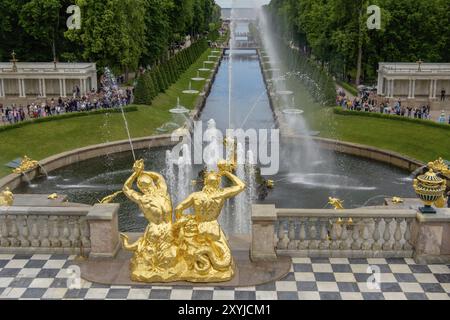 Herrlicher Gartenbrunnen mit goldenen Skulpturen und aufsteigendem Wasserstrahl, im Hintergrund spazierende Menschen und Grünflächen, sankt petersburg, ostsee Stockfoto