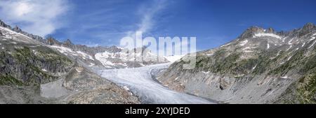 Rhonegletscher, Talgletscher im Quellgebiet der Rhone in den Schweizer Alpen. Schmelzender Gletscher, der Gletscher wird immer kleiner. Drohne Pho Stockfoto