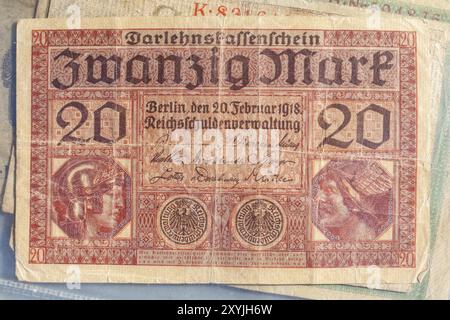 Historische Banknote, ReichsBanknote, 20 Mark von 1918, Leihscheine, Deutsches Reich, Deutschland, Europa Stockfoto