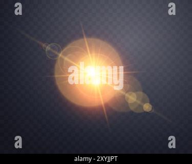 Orangefarbenes Sonnenlicht-Streulicht, Sonnenblitz mit Strahlen und Spotlight. Glühende Explosion auf transparentem Hintergrund. Vektorabbildung. Stock Vektor