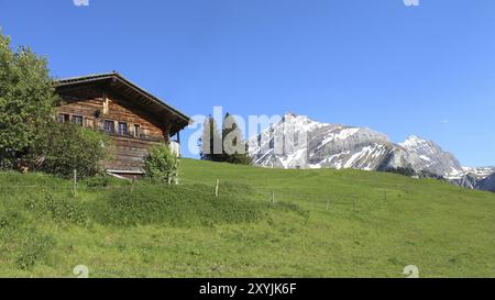 Altes Bauernhaus, grüne Wiese und Mt Spitzhorn Stockfoto