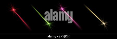 Leuchtende magische Laserstrahlen Set. Neonlinie, Präsentationszeiger. Blauer Leuchtlichteffekt. Vektorabbildung. Isoliert auf schwarzem Hintergrund. Stock Vektor