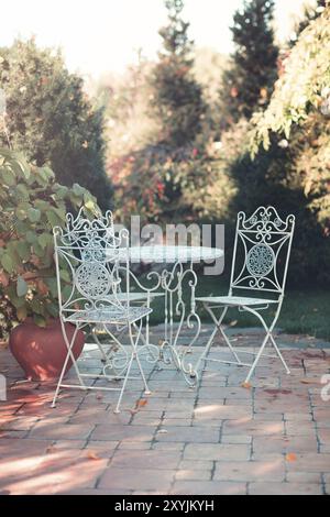 Vintage Metal Gartenstühle und Tisch auf gepflasterter Terrasse mit grüner Anlage in Lehmvase mit Herbstbäumen im Hintergrund Stockfoto