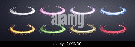 Leuchtende Zauberringe Set. Neon realistische Energie-Flare-Ringe mit funkelnden Partikeln. Abstrakter Lichteffekt auf dunklem transparentem Hintergrund. Vektoril Stock Vektor