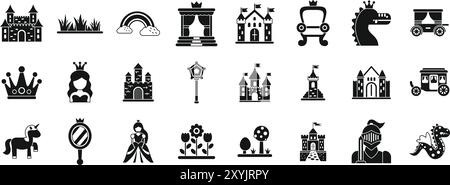 Märchenhafte Prinzessin Schloss Ikonen Set. Dieses Set von Ikonen repräsentiert ein Märchenreich mit Schlössern, einer Prinzessin, einem Ritter und magischen Kreaturen Stock Vektor
