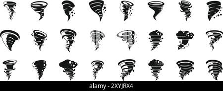 Cyclone Twister Wolken-Symbole gesetzt. Sammlung schwarzer Silhouetten von Tornados verschiedener Formen, ideal für Meteorologie und Wetterkonzepte Stock Vektor