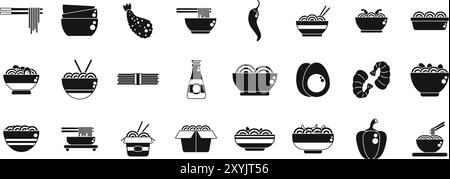 Icons für Udon Nudeln gesetzt. Dieses Set von Symbolen zeigt verschiedene Schüsseln mit Ramen-Nudeln mit Essstäbchen, Garnelen, Eiern und Paprika Stock Vektor