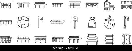 Holzpier-Symbole Set. Set aus verschiedenen Piers zum Angeln und Entspannen mit Anker-Straßenlaterne-Boot und Rettungsschirm-Ikonen im dünnen Stil Stock Vektor