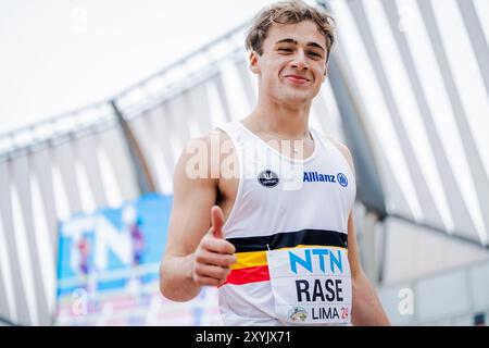 Lima, Peru. August 2024. Der belgische Nemo Rase reagiert darauf, als er sich für das Finale des 110-m-Hürdenrennens der Männer bei der U20-Leichtathletik-Weltmeisterschaft am Donnerstag, den 29. August 2024, in Lima, Peru qualifizierte. Die Weltmeisterschaften finden vom 27. Bis 31. August statt. BELGA PHOTO SONYA MALETER Credit: Belga News Agency/Alamy Live News Stockfoto