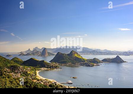 Ansicht der Guanabara-Bucht, Zuckerhut und Hügel von Rio De Janeiro vom Stadtpark in Niteroi Stockfoto