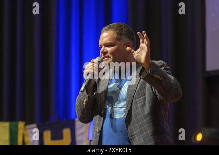 BONN, 19. MAI 2018: Aaron Douglas (*1971, kanadischer Schauspieler, Battlestar Galactica) spricht über seine Erfahrungen in Battlestar Galactica bei Fedco Stockfoto