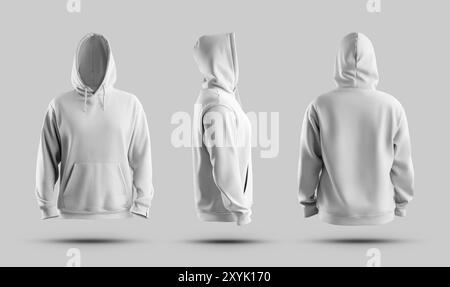 Weißes Oversize Hoodie Mockup 3D-Rendering, modische Kleidung für Design, Branding, Muster, Vorderseite, Seite, Rückansicht. Set aus stylischem Sweatshirt isoliert Stockfoto