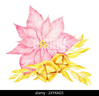 Rosa Weihnachtsstern oder Weihnachtsstern, goldene Glocke, Zweig. Handgezeichnete Aquarellklammerkunst. Neujahr- und Weihnachtsdesign. Aussparung, isoliert Stockfoto