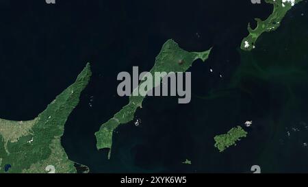 Kunashir Island im Okhotskischen Meer auf einem Satellitenbild vom 18. Juli 2021 Stockfoto