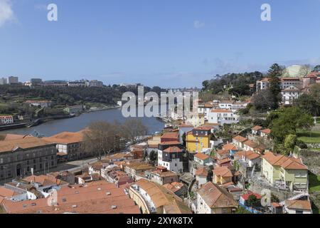 Blick über die Dächer der Stadt und den Fluss Douro, Parque de las Virtudes, öffentlicher Park, Grünanlage, Porto, Portugal, Europa Stockfoto