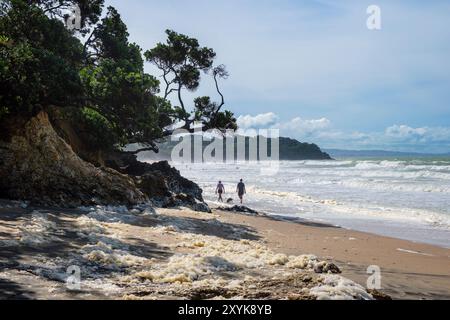 Meeresschaum wurde auf den Sand von Langs Beach, McKenzie Cove, Nordinsel, Neuseeland gespült Stockfoto