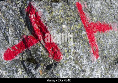 Rotes T auf einem Stein als Wegmarkierung in den norwegischen Fjells im Jostedalen-Tal, Luster, Sogn og Fjordane Fylke, Vestlandet, Norwegen, Mai 2012, Euro Stockfoto