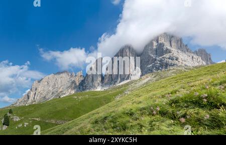 Landschaft mit den Gipfeln Sasso Piatto und Grohmann am Sasso Lungo, von unten im hellen Sommerlicht in der Nähe von Col Rodella, Italien Stockfoto