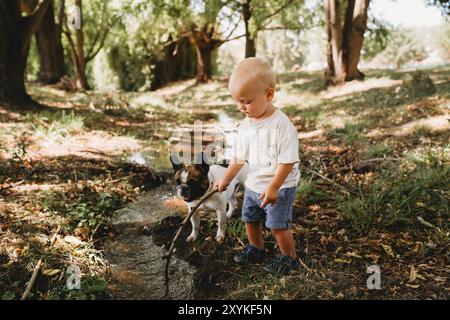 Entzückendes Kleinkind, das draußen mit Haustierhund-Bach spielt Stockfoto