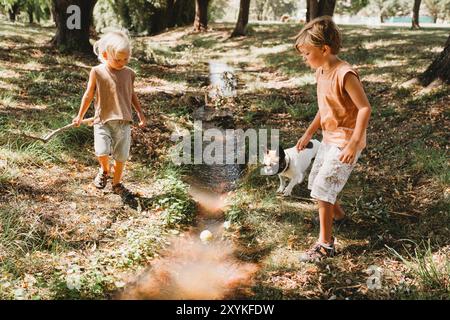 Kleine Kinder und Hund spielen draußen mit Ball Creek im Sommer Stockfoto