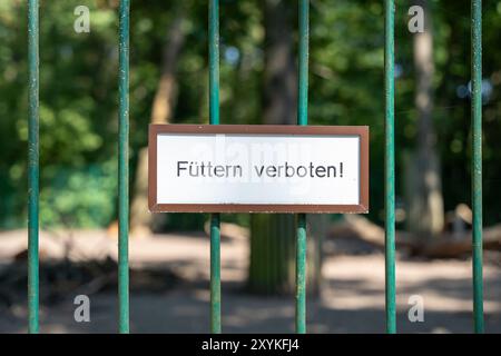 Ein Schild auf dem Zaun, auf dem Futtern verboten steht! Was bedeutet es, zu füttern, ist verboten. Das Schild ist in einer fremden Sprache und auf einem Grün Stockfoto