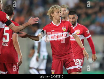 Münster, Deutschland. August 2024. firo: 27.08.2024, Fußball, Fußball, DFB-Cup, Cup, Saison 2024/2025, 1. Runde, SCP Preussen Münster - VfB Stuttgart 0,5 Jubilation Frans Kratzig, VfB/dpa/Alamy Live News Stockfoto