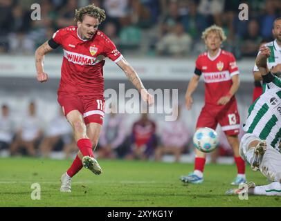 Münster, Deutschland. August 2024. firo: 27.08.2024, Fußball, DFB-Pokal, Pokal, Saison 2024/2025, 1. Runde, SCP Preussen Münster - VfB Stuttgart Nick Woltemade will es 4-0 schaffen Credit: dpa/Alamy Live News Stockfoto