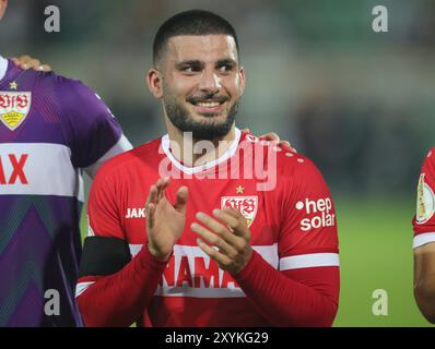 Münster, Deutschland. August 2024. firo: 27.08.2024, Fußball, Fußball, DFB-Cup, Cup, Saison 2024/2025, 1. Runde, SCP Preussen Münster - VfB Stuttgart 0,5 Abschlussjubel Deniz Undav, VfB/dpa/Alamy Live News Stockfoto