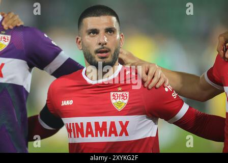 Münster, Deutschland. August 2024. firo: 27.08.2024, Fußball, Fußball, DFB-Cup, Cup, Saison 2024/2025, 1. Runde, SCP Preussen Münster - VfB Stuttgart 0,5 Abschlussjubel Deniz Undav, VfB/dpa/Alamy Live News Stockfoto