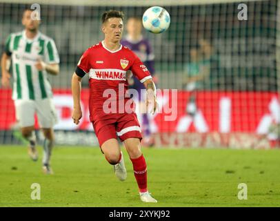 Münster, Deutschland. August 2024. firo: 27.08.2024, Fußball, DFB-Pokal, Pokal, Saison 2024/2025, 1. Runde, SCP Preussen Münster - VfB Stuttgart 0,5 Einzelaktion Angelo Stiller, VfB/dpa/Alamy Live News Stockfoto