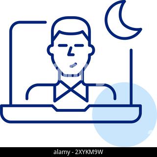 Mann im Videogespräch auf Laptop mit Mond-Symbol daneben. Callcenter und Support bei Nacht. Symbol für Pixelperfekte, bearbeitbare Kontur Stock Vektor