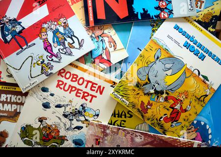 Stockholm, Schweden, 28. August 2024. Ein Stapel Spirou-Comics Stockfoto