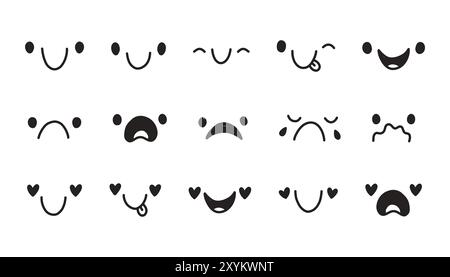 Simple Doodle Face Impression Set. Emotionen für Design. Glücklich, Freude und Traurigkeit. In Liebe und Trauer. Lachen und Tränen Stock Vektor