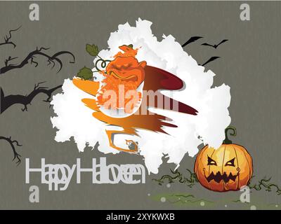 Eine Halloween-Karte mit einem Kürbis und einem unheimlich aussehenden Gesicht darauf. Auf der Karte steht „Happy Halloween“ und ist mit Orange und Schwarz verziert Stock Vektor