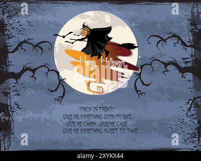 Eine Halloween-Karte mit einer Hexe, die über einen Mond fliegt und unten die Worte Happy 4 Halloween geschrieben. Auf der Karte steht auch ein Gedicht mit der Aufschrift "Trick or Treat, gi Stock Vektor