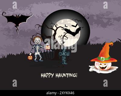 Ein Halloween-Poster mit einem Skelett, das einen Kürbis und ein Kreuz hält. Auf dem Poster steht Happy Haunting Stock Vektor