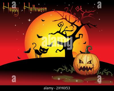 Eine Halloween-Szene mit einem Kürbis und einer Katze. Der Kürbis lächelt und die Katze blickt in die Kamera. Der Hintergrund zeigt einen Mond und Fledermäuse. Scen Stock Vektor