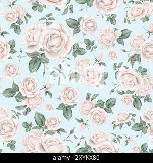 Nahtloses Muster in hellrosa Rosen. Helle cremefarbene Rosen. Sammlung von Gartenblumen und Blättern. Aquarell Handmalerei Illustration auf Stockfoto