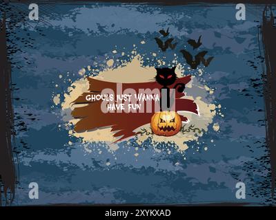 Ein Halloween-Poster mit einer Katze und einem Kürbis drauf. Auf dem Poster steht: „Ghouls wollen einfach Spaß haben“ Stock Vektor