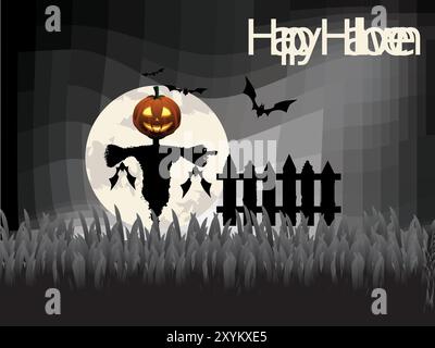 Eine gruselige Halloween-Szene mit Kürbis und Fledermäusen. Der Kürbis leuchtet und die Fledermäuse fliegen um ihn herum. Die Szene ist gruselig und unheimlich Stock Vektor