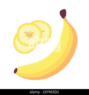 Bananenfrucht mit flachen Scheiben, isoliert auf weißem Hintergrund. Cartoon-Banane. Vektorabbildung Stock Vektor