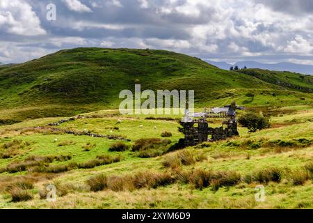 Heruntergekommenes Bauernhaus aus Stein auf einem Hügel über Cwm Pennant in der Landschaft von Snowdonia. Llanfihangel-y-Pennant, Porthmadog, Gwynedd, Nordwales, Vereinigtes Königreich Stockfoto