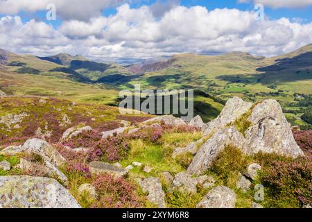 Malerischer Blick auf die Hügel und Berge oberhalb des Cwm Pennant Valley vom felsigen Craig y Garn Gipfel im Snowdonia Nationalpark. Garndolbenmaen Gwynedd Wales UK Stockfoto